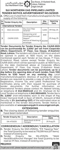 Sui Northern Gas Pipelines Limited Lahore Tender Notice